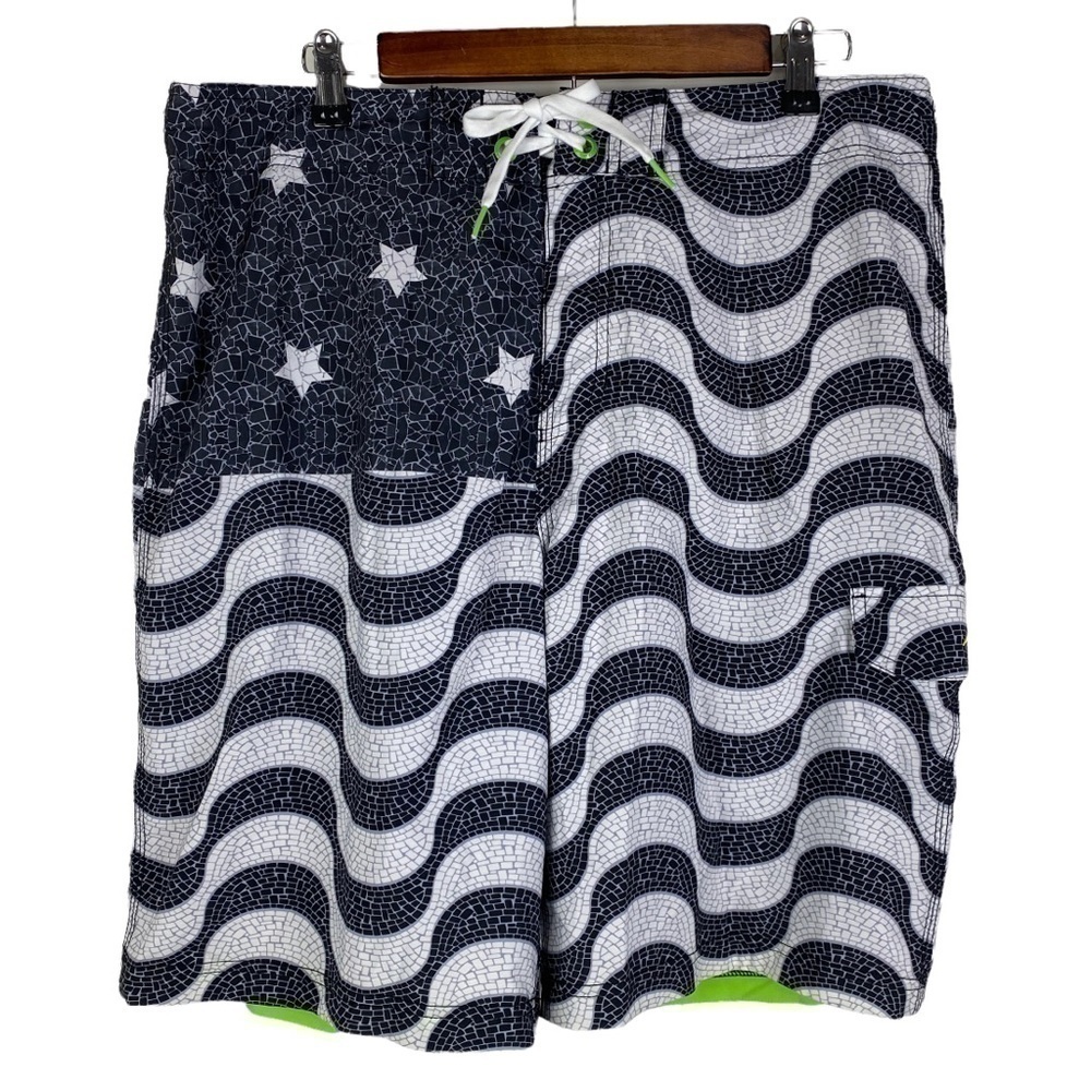 Speedo Flag Laced Front Swim Trunks Men's 36 Black Gray Mesh Lining